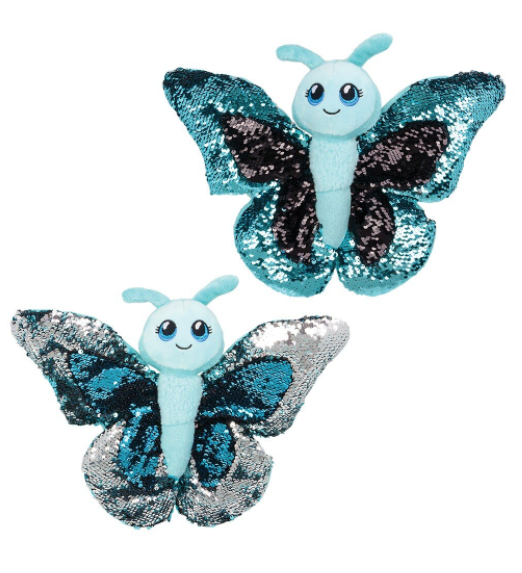 Two plush butterfly toys with sequin wings on a white background