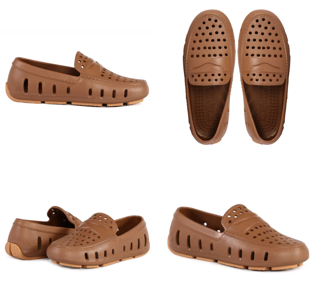 Brown loafers with perforated design on a white background