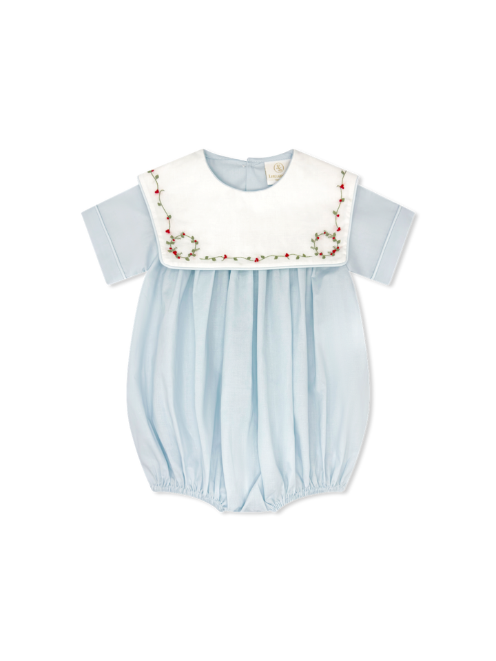 Boys Bubble with Holly Embroidery in Blessings Blue - Lullaby