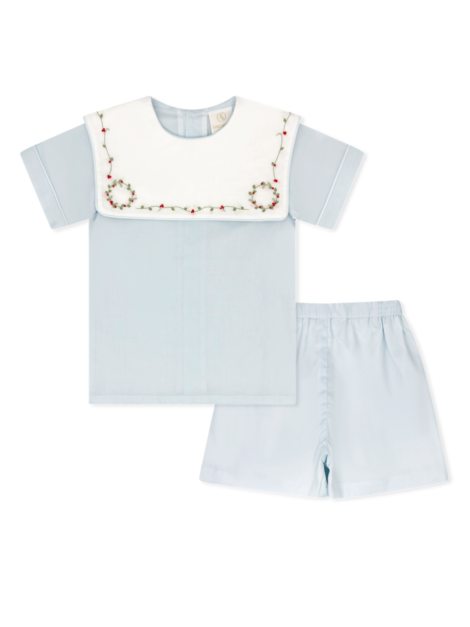 Boys Short Set in Blessings Blue with Holly Embroidery - Lullaby Set