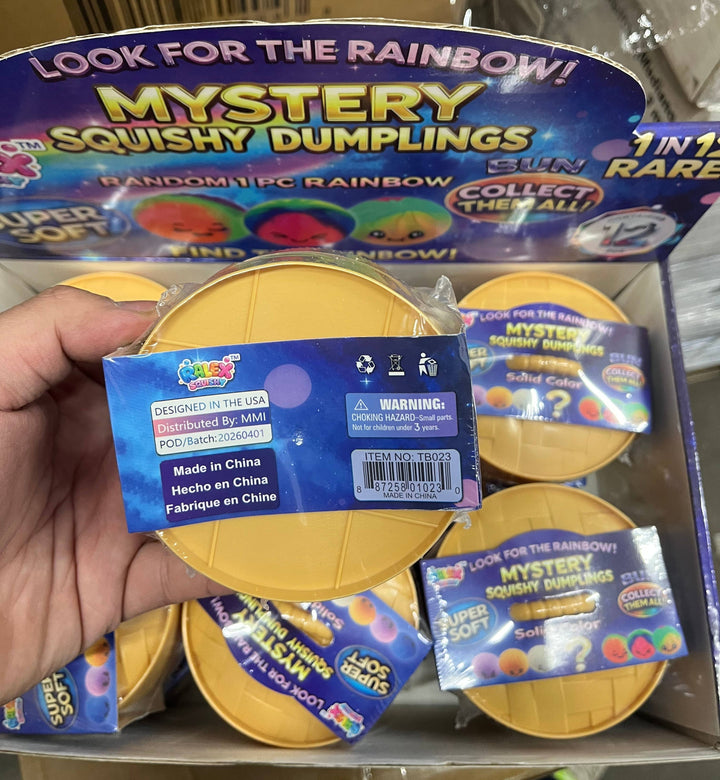 Mystery Squishy Dumplings packaging with colorful labels 