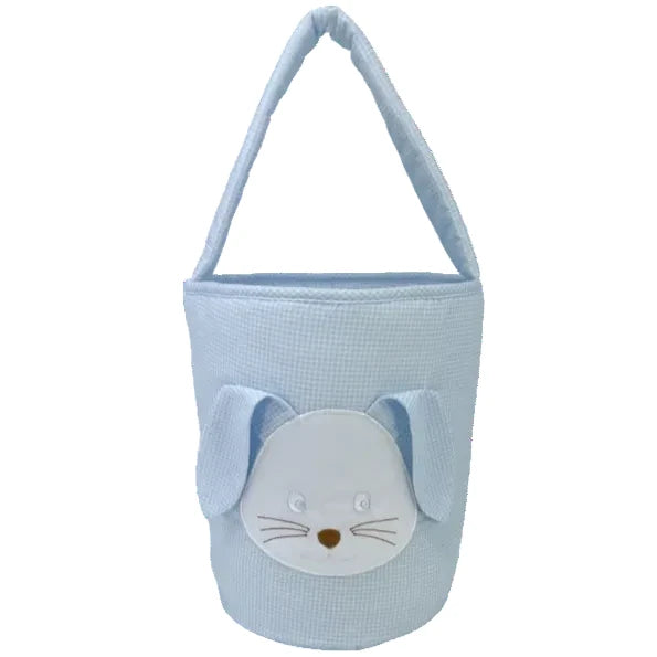 Blue children's easter basket tote bag with a bunny face design on a white blue