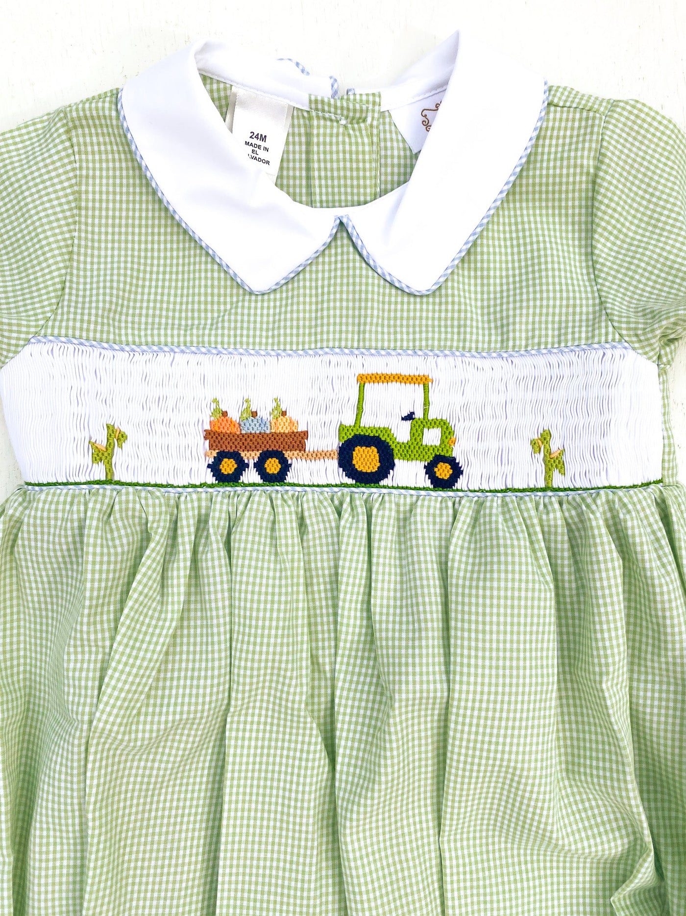 Boys Smocked Pumpkin Tractor Bubble - Lulu Bebe