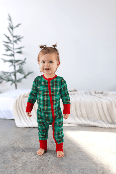 Bamboo Green Plaid Convertible Footie Christmas Pajama - Free Birdees